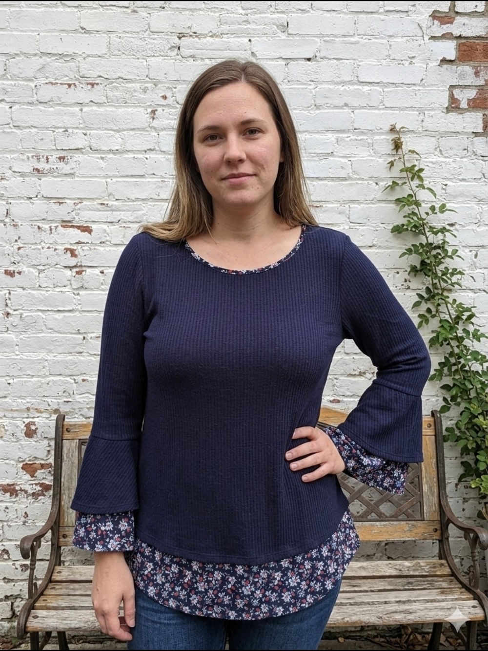 Faith & Joy Womens Navy Layered Bell-Sleeve Ditsy Floral Trim Top Twee Cozy Chic